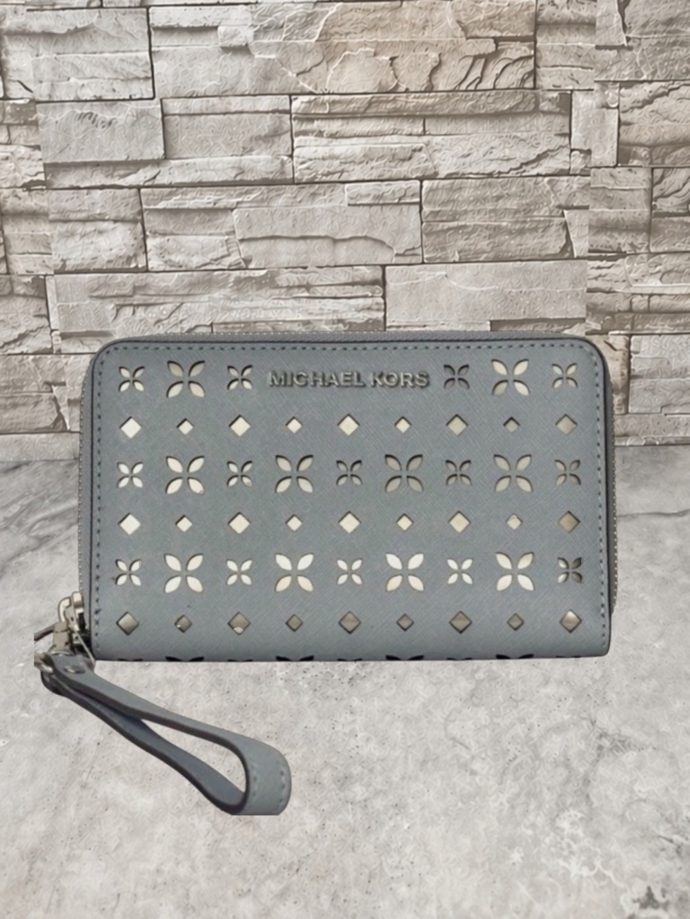 Michael Kors Zip Around Wallet Wristlet Laser Cut Dusty Blue